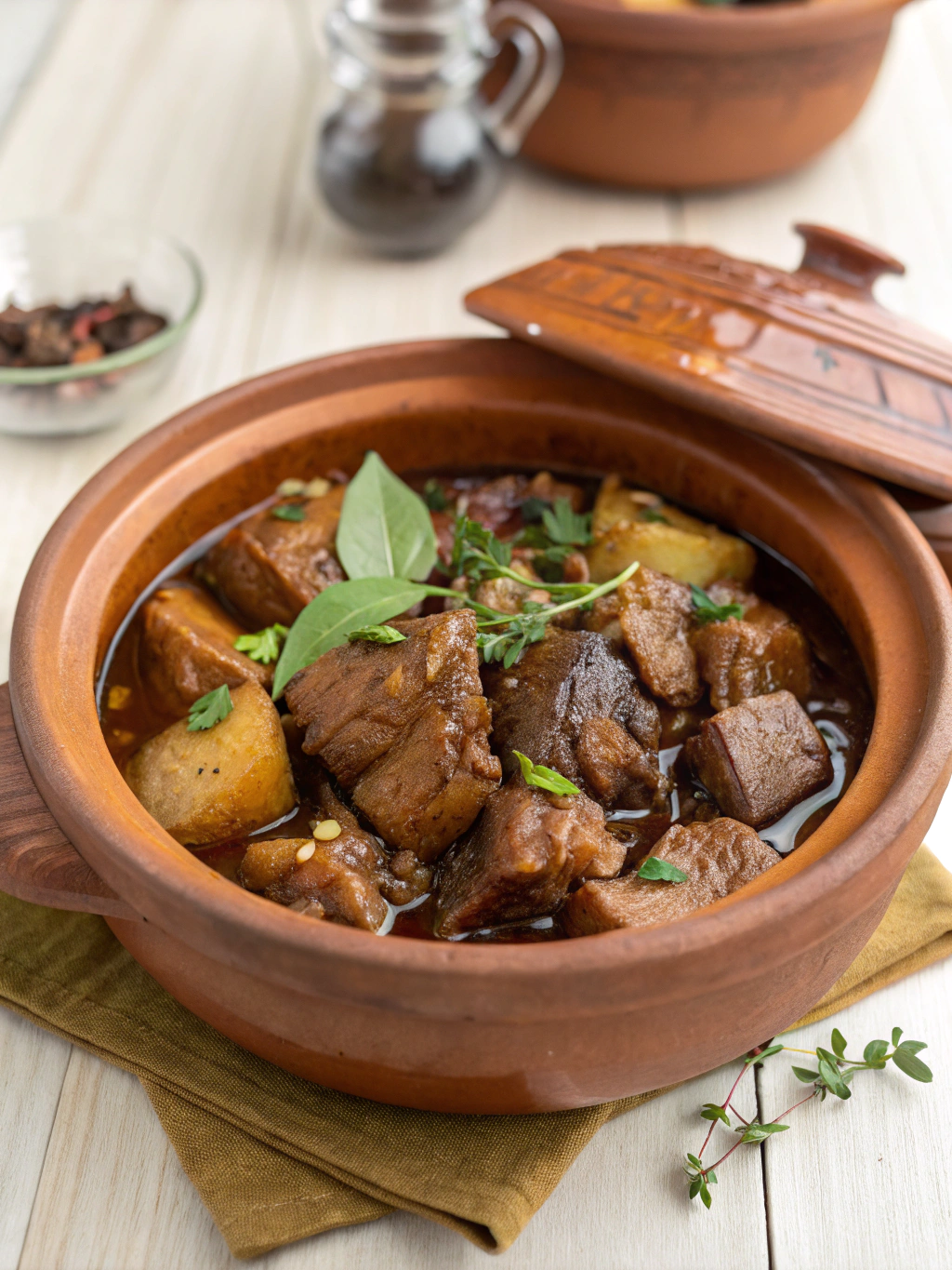 Traditional Philippine Adobo served in a ceramic bowl with fresh garnish