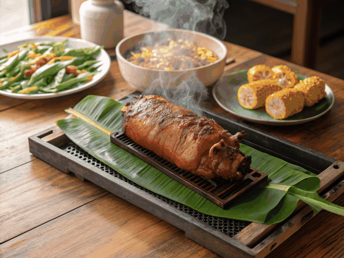 Traditional Filipino feast featuring adobo and fresh tropical ingredients